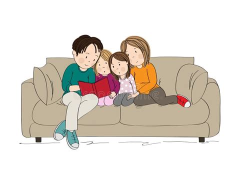 Família Feliz Sentada No Sofá E Lendo Juntos a Ilustração Desenhada