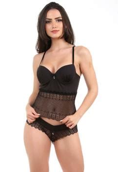 Corpete IMI Lingerie Corset Corselet Bojo Em Microfibra E Renda Fio Duplo Sasha Preto