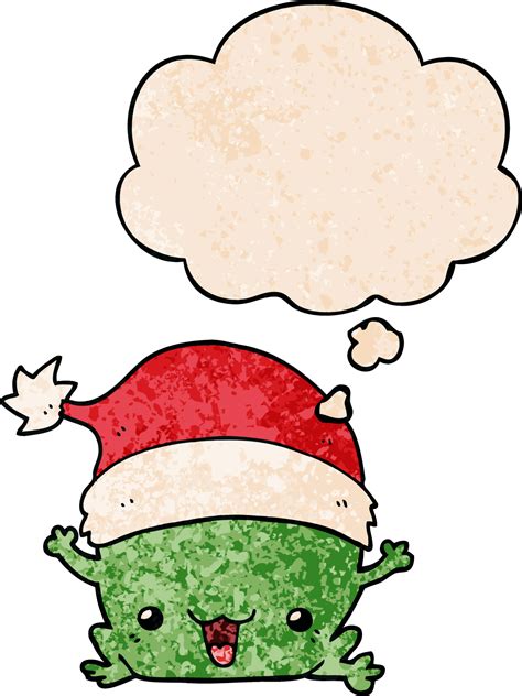 Cute Cartoon Christmas Frog With Thought Bubble In Grunge Texture Style