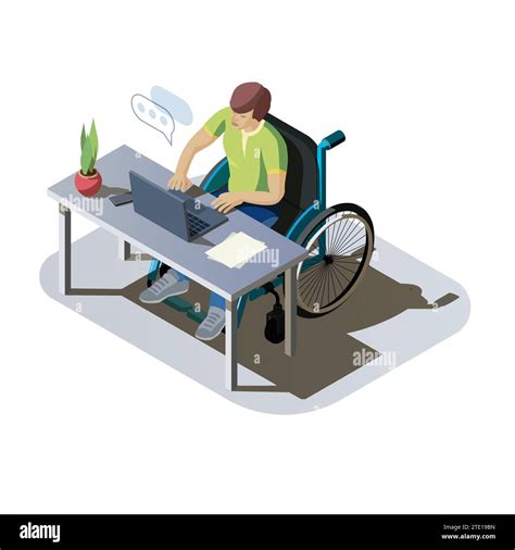 Man With Disabilities At Desk Working On A Computer Invalid Person In