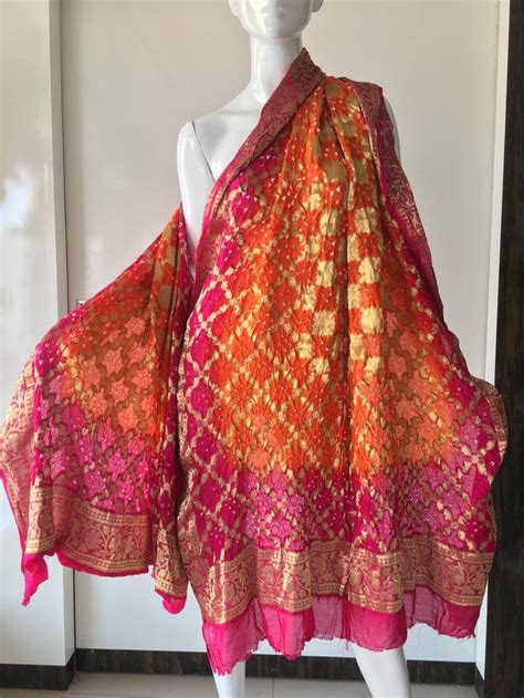 Bridal Banarsi Silk Dupatta Orange Pink Zari Bandhej Bandhani Shawl