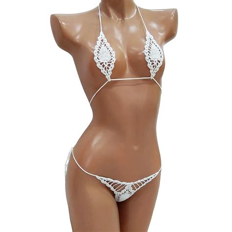 Amazon Handmade Crochet Extreme Micro G String Bikini Set White Cotton Yarn Adjustable