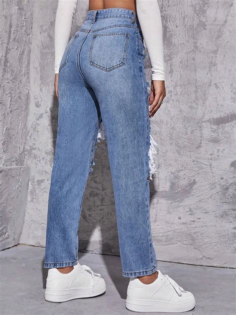 Shein Ezwear High Waist Ripped Mom Fit Jeans Shein Usa