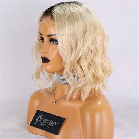 613 Blonde Ombre Color Black Roots Short Wavy Bob 4 5 Lace Front Wig 100 Human Hair