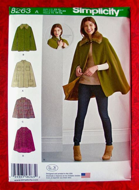 Simplicity 8263 Sewing Pattern Cape Capelet Detachable Fur Collar