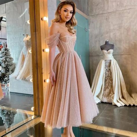 Smileven Modern Pink Dotted Tulle Short Prom Dresses Off The Shoulder