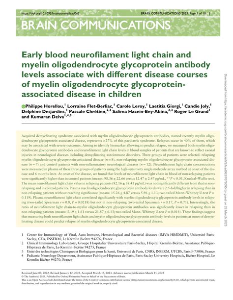 Pdf Early Blood Neurofilament Light Chain And Myelin Oligodendrocyte