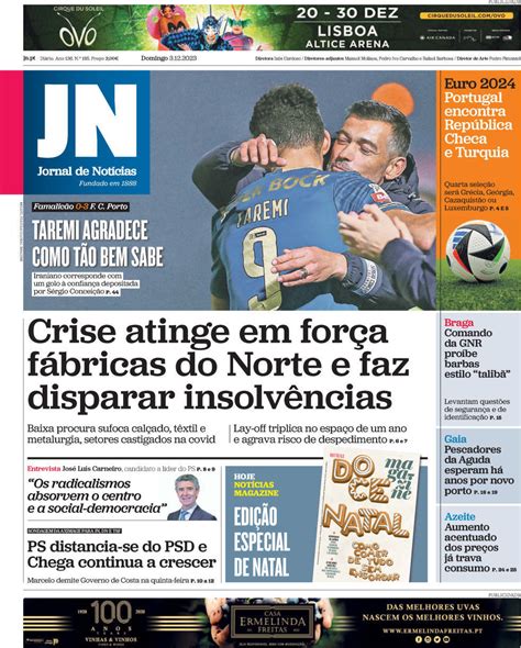 Capa Jornal de Notícias 3 dezembro 2023 capasjornais pt