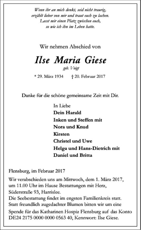 Traueranzeigen Von Ilse Maria Giese Sh Z Trauer