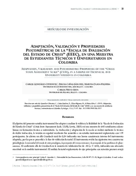 Pdf Adaptación Validación Y Propiedades Psicométricas De La “escala