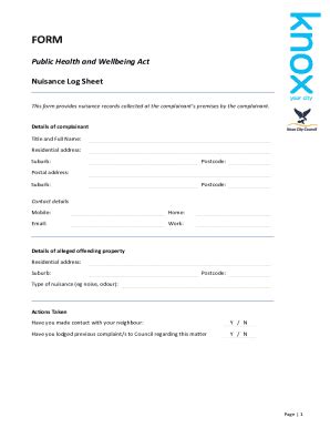 Fillable Online Public Health And Wellbeing Act Nuisance Log Sheet Fax