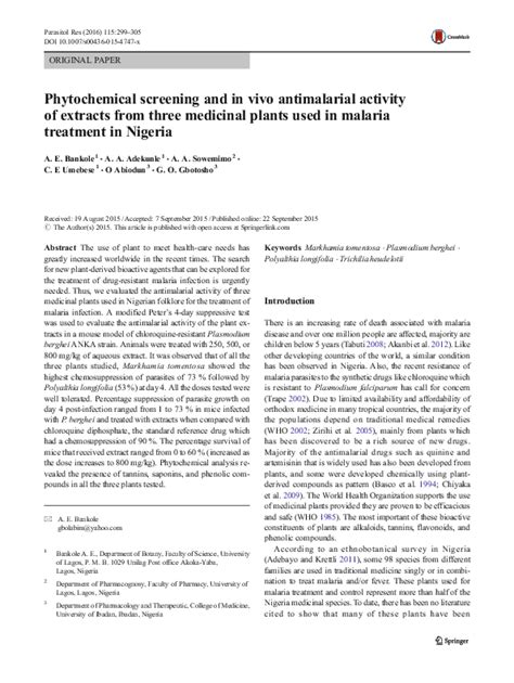 Pdf Phytochemical Screening And In Vivo Antimalarial Activity Of