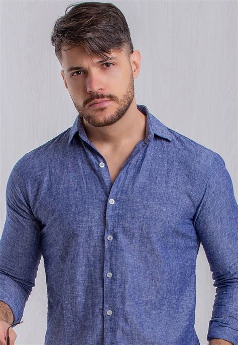 Camisa Linho Azul Vidic Manga Longa Vidic Loja Online