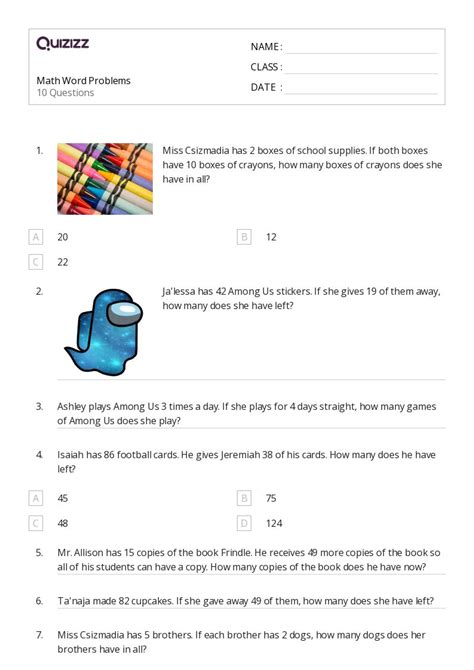 50 Math Word Problems Worksheets For 1st Class On Quizizz Free