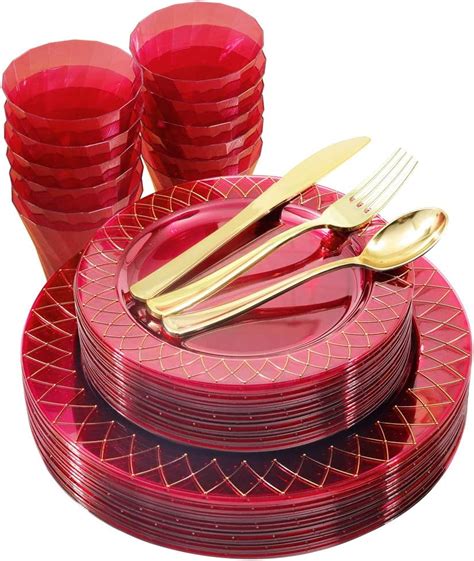 Amazon Nervure Pcs Clear Red Plastic Plates With Gold Rim