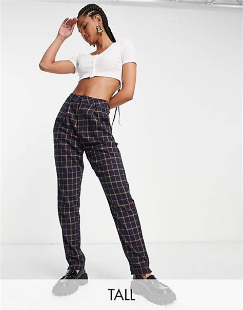 Heartbreak Tall Tailored Peg Leg Pants In Navy And Orange Check Asos