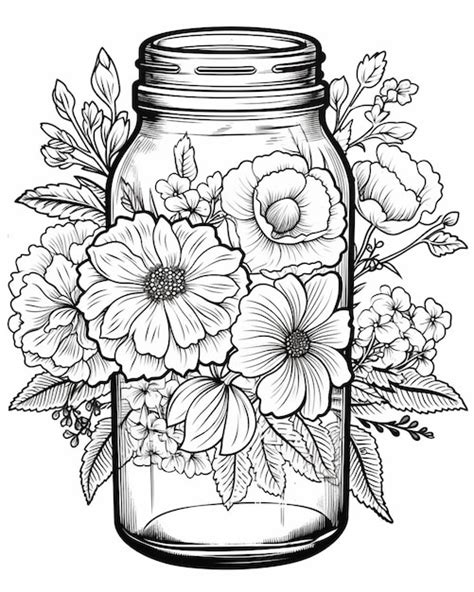 Drawing Of A Mason Jar Filled With Flowers Premium Ai Generated Image