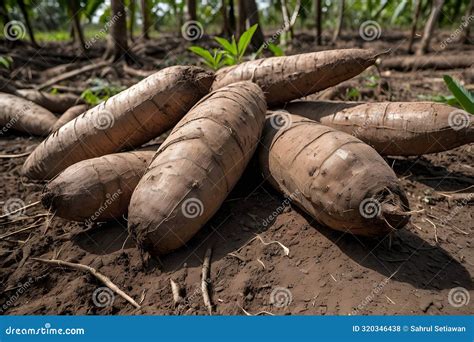 Close Up Image Of A Bunch Of Cassava On The Ground Farmers Harvest Cassava Plants In Rice