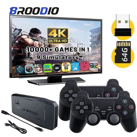 BROODIO 4K HD Video Game Console Game Stick 4k 10000 Games 2.4G Double ...