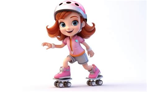 Una Chica Linda Feliz Usando Patines Y Disfrutando De Un Personaje 3D