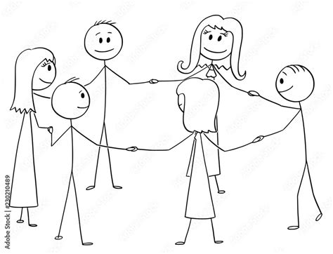 Cartoon stick drawing conceptual illustration of group of six people ...