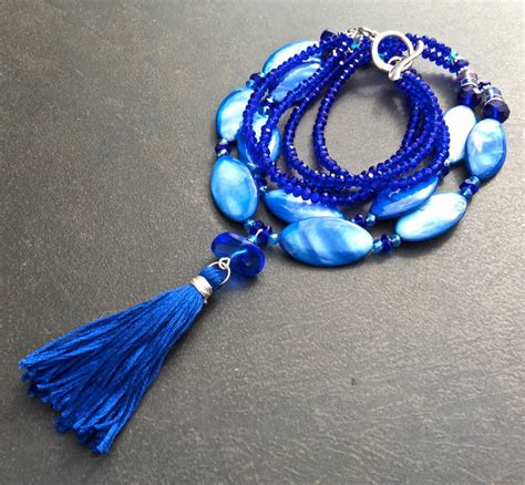 Long Tassel Necklace Big Bold Chunky Cobalt Blue Necklace Etsy