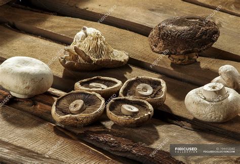 Different types of cultivated edible mushrooms on wooden background ...