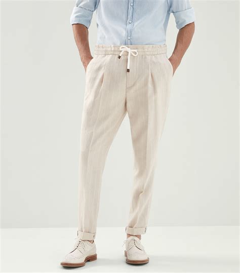 Mens Brunello Cucinelli Neutrals Wool Linen Drawstring Trousers