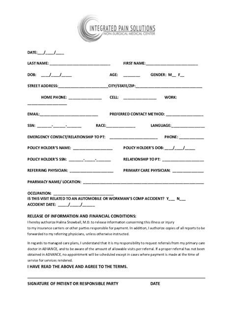 Fillable Online Patient Intake Form Procare Physical Therapy Fax