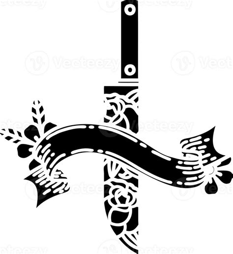 Traditional Black Linework Tattoo With Banner Of A Dagger And Flowers