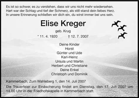 Traueranzeigen Von Elise Kreger Trauer Hna De