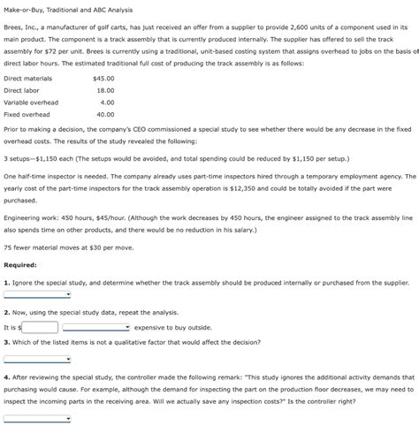 Solved Make Or Buy Traditional And ABC Analysis Brees Chegg