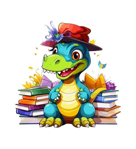 Un Dinosaure Mignon Portant Un Chapeau De Graduation Et Beaucoup D