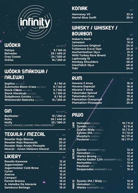 Menu at Infinity pub & bar, Łódź