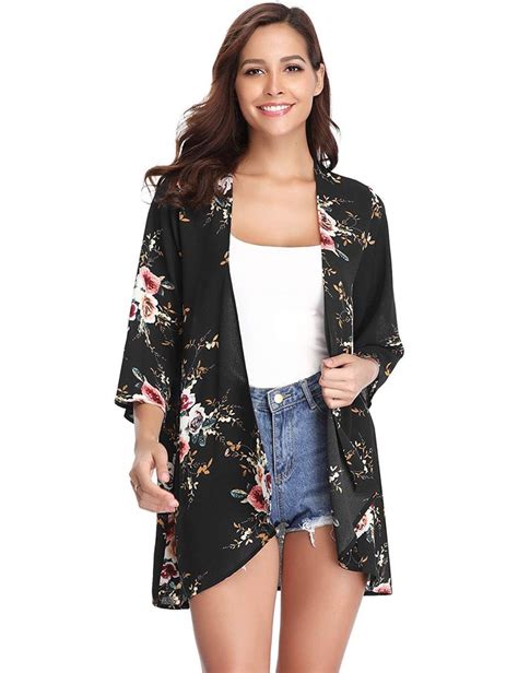 Abollria Women 3 4 Sleeve Floral Chiffon Casual Loose Kimono Cardigan