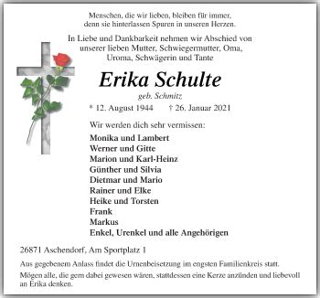 Traueranzeigen Von Erika Schulte Noz Trauerportal