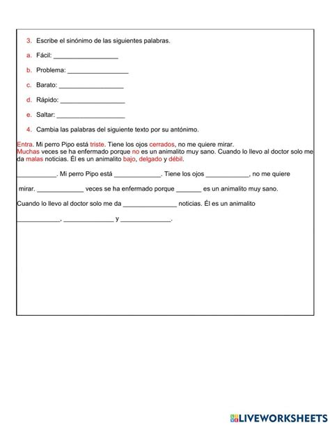 Sinónimos Y Antónimos Y Adjetivos Worksheet Live Worksheets