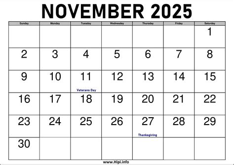 november calendar printable  holidays hipiinfo