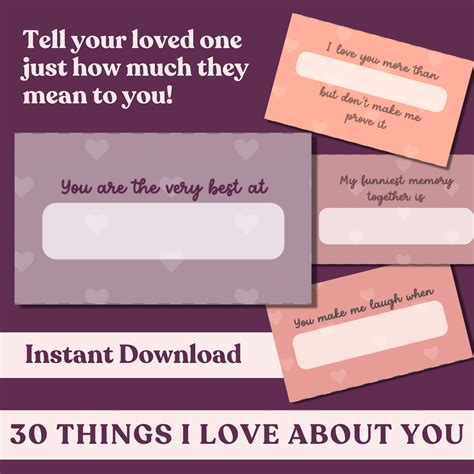 Printable I Love You Cut Out Cards 30 Things I Love About You Fill In