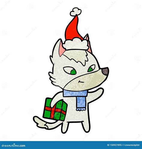 A Creative Friendly Textured Cartoon Of A Christmas Wolf Wearing Santa