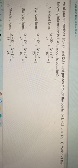 Solved Question Completion Status An Ellipse Has Vertices Chegg