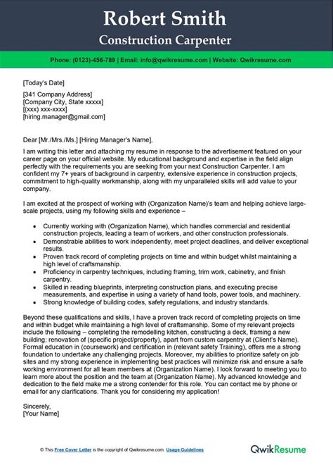 Construction Carpenter Cover Letter Examples QwikResume