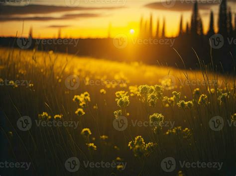 Ai Generated Abstract Soft Focus Sunset Field Landscape Of Yellow Flowers And Grass Meadow Warm