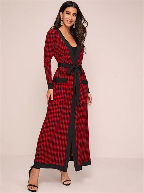 Shein Contrast Trim Houndstooth Belted Coat And Pants Set Shein Usa