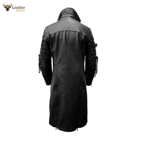 Mens Real Black Leather Goth Matrix Trench Coat Van Helsing Coat Steam Leather Adults