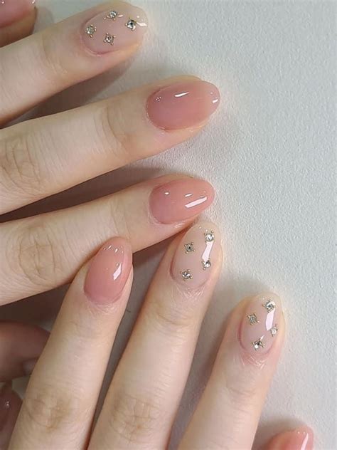 Korean Jelly Nail With Rhinestones Short Nail Designs Nail Designs