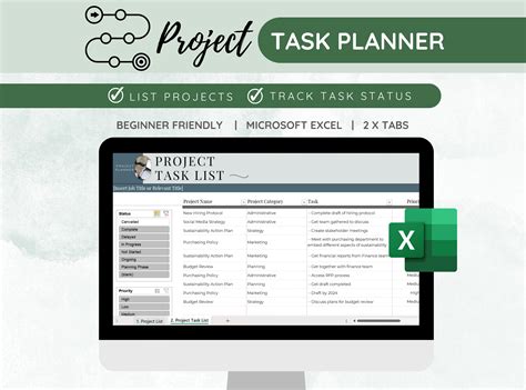 Project Task Planner, Excel Task Tracker, Project Management, Simple ...