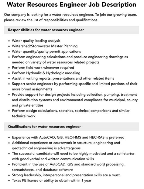 Water Resources Engineer Job Description | Velvet Jobs