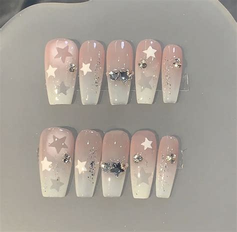 Handmade Y K Nude Milky Ombre Hollow Out White Star Glitter Cute Press On Nails Acrylic Nails Etsy