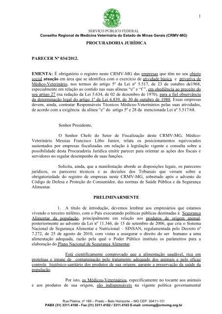 parecer sobre o registro de pessoas jurÃdicas CRMV MG